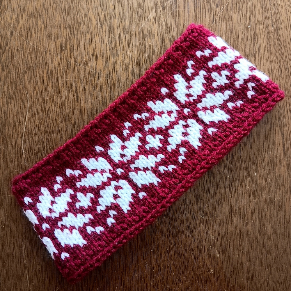 Handmade Handknit Ruby Red & Ivory Traditional Scandinavian Motif Headband OSFM